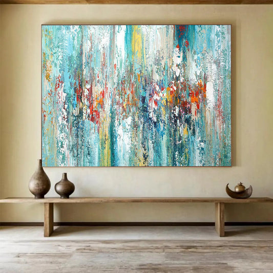 “Turquoise Abstract Symphony” - Turquoise, blues, reds, yellows; vertical, textured color streaks CT1599