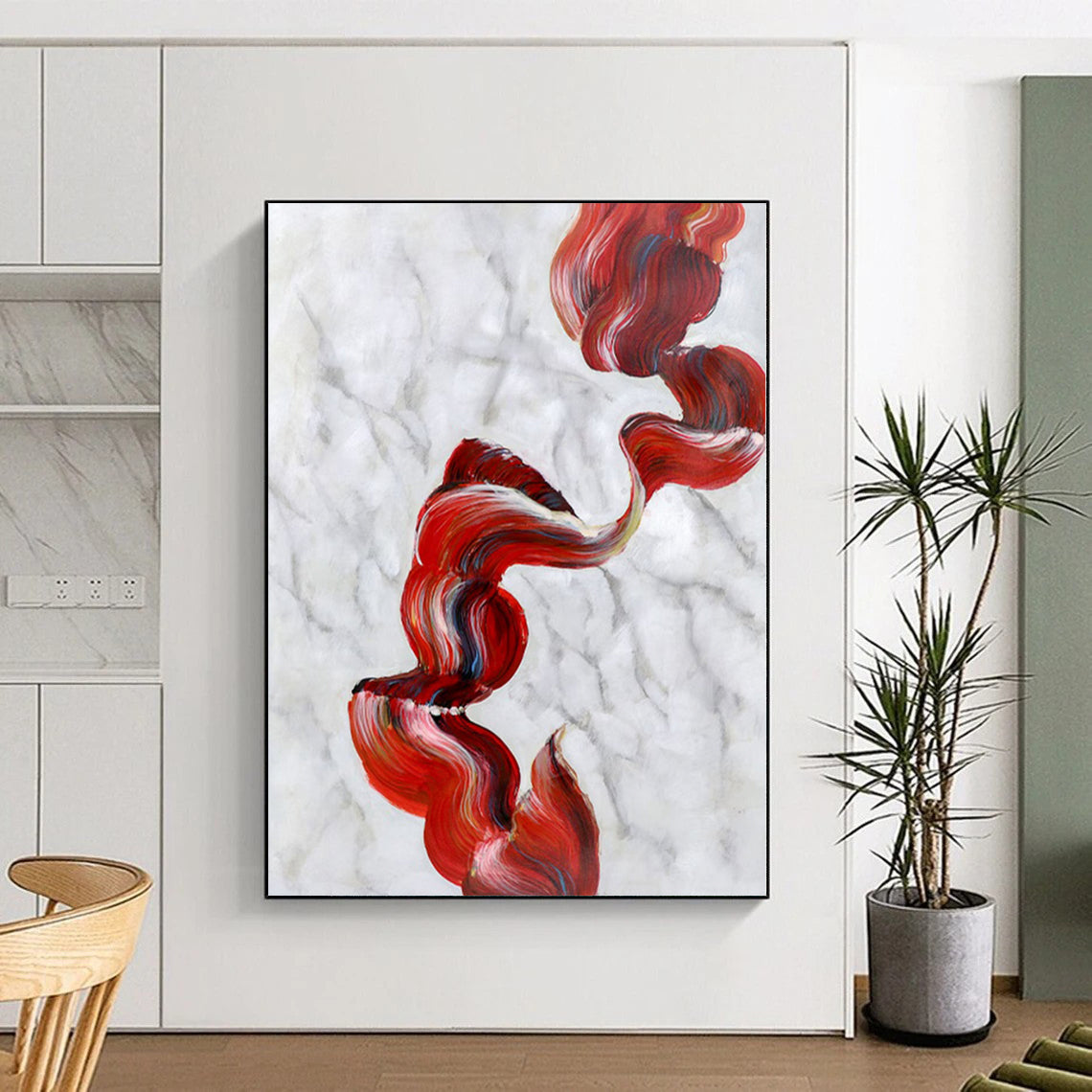“Flowing Red - White Marble Ribbons” Abstract Acrylic Art CT0307