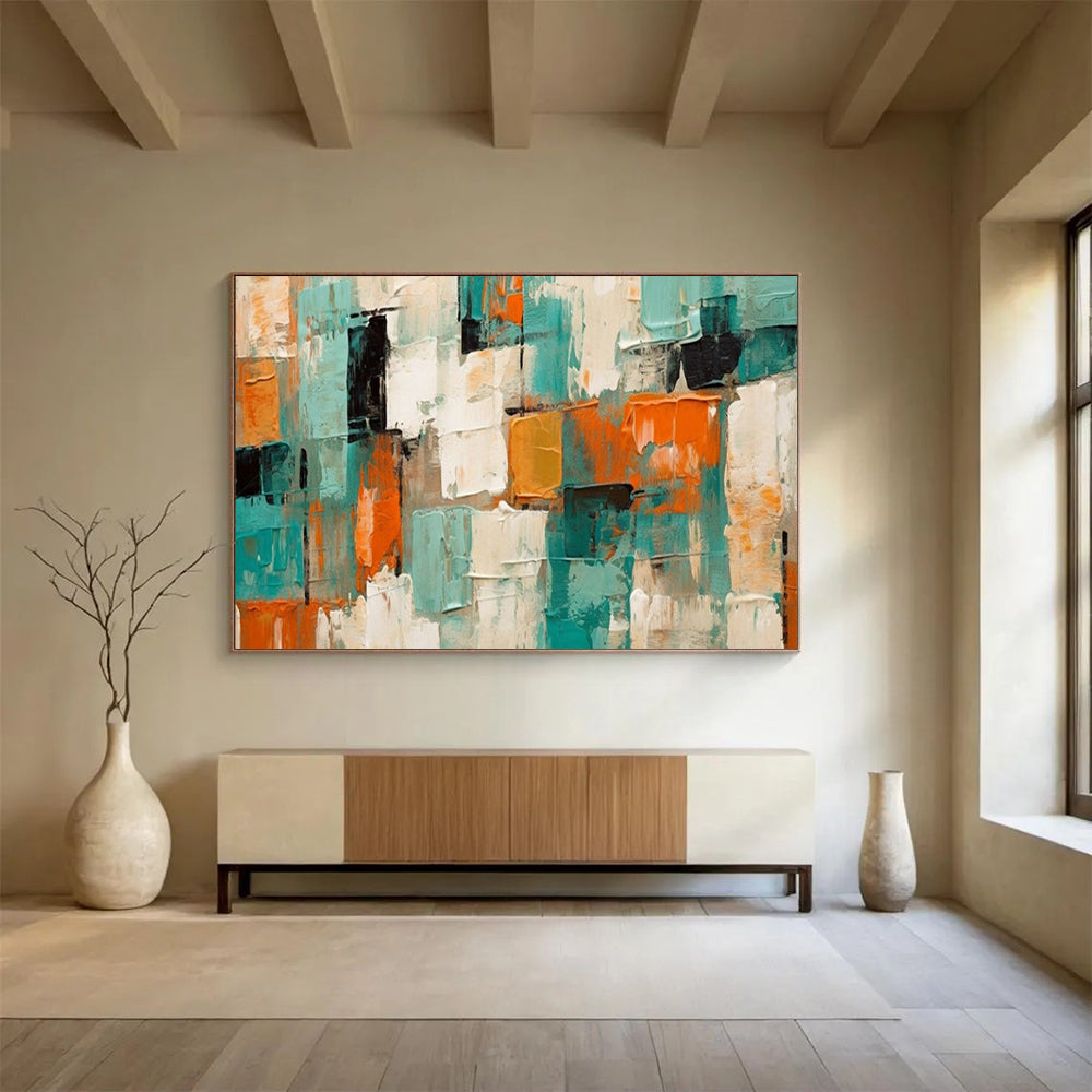 “Teal - Orange Textured Blocks” – Abstract Acrylic Painting CT1721