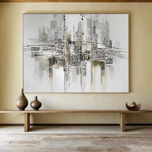 “Abstract Cityscape” - Monochromatic tones with black, white, gray; a dynamic, abstract city skyline with reflections CT1551