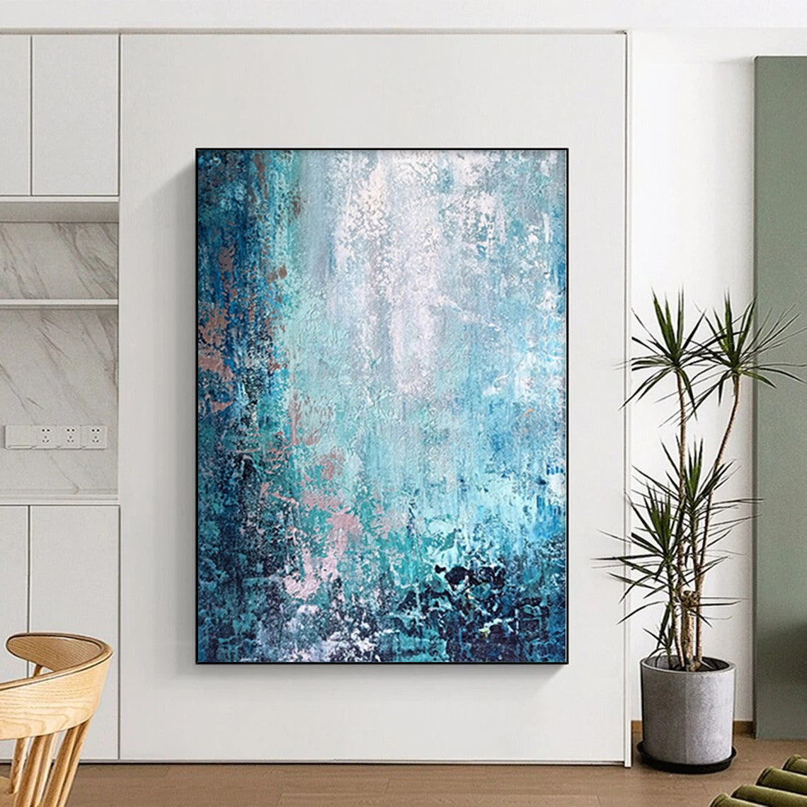 “Teal & Blush Textures” - Abstract Acrylic with Shades of Blue, Teal, Pink CT0074