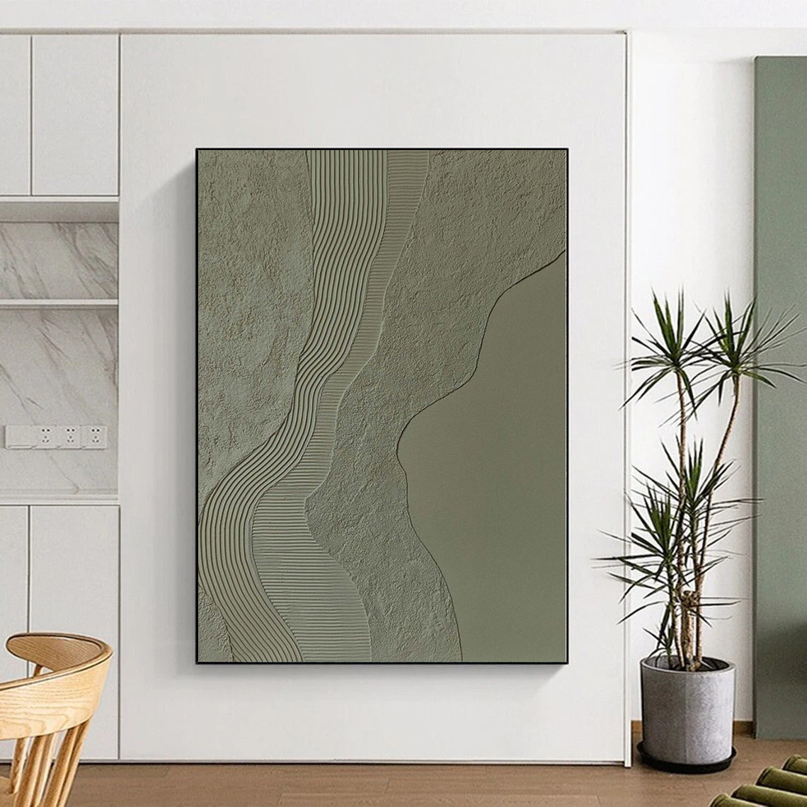 “Beige - Gray Textured Waves” Minimalist Mixed - Media Art CT0253