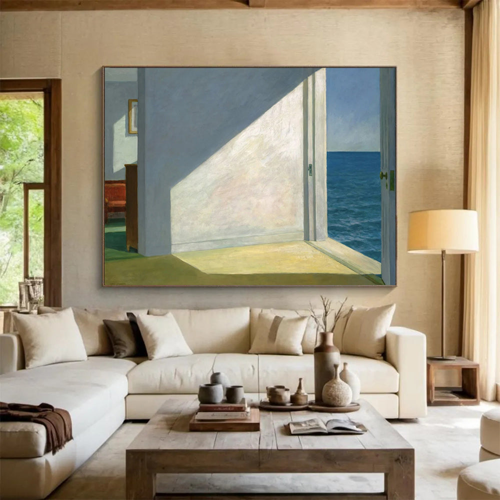 “Interior with Ocean View” - Whites, blues, greens; minimalist room with open door to the sea CT1608