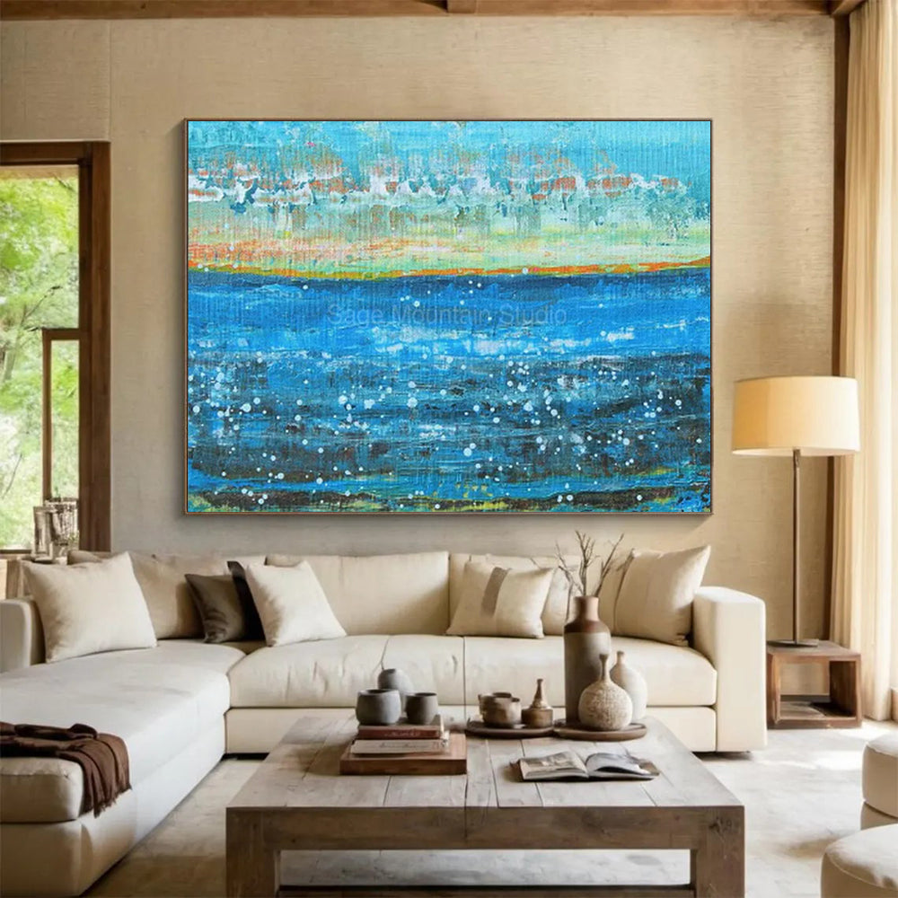 Blue Ocean with White Specks & Coastal Hues - Pointillist-Inspired Seaside Art CT1794