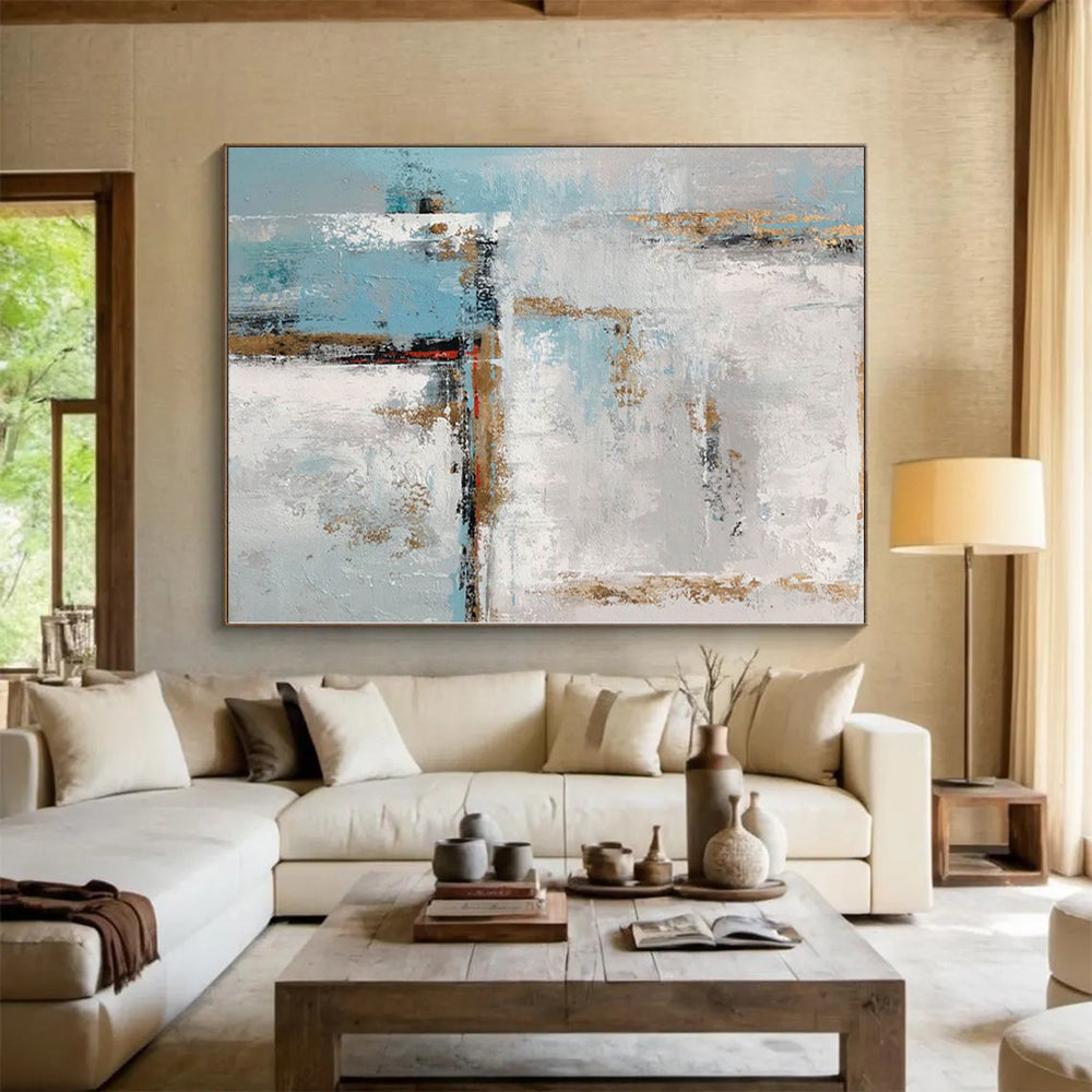 “Blue - White Abstract with Gold Edges”,Minimalist Abstract Painting CT0375