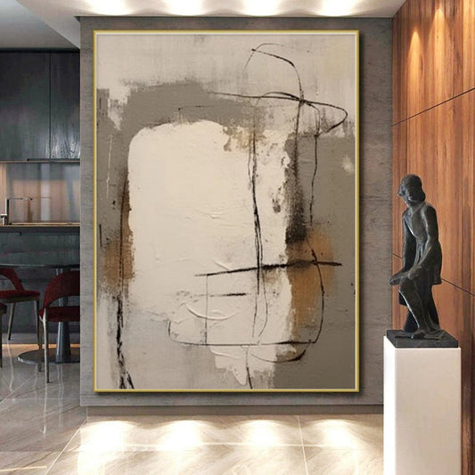 “Neutral Shapes with Black Lines”,Abstract Geometric Oil Painting CT0541