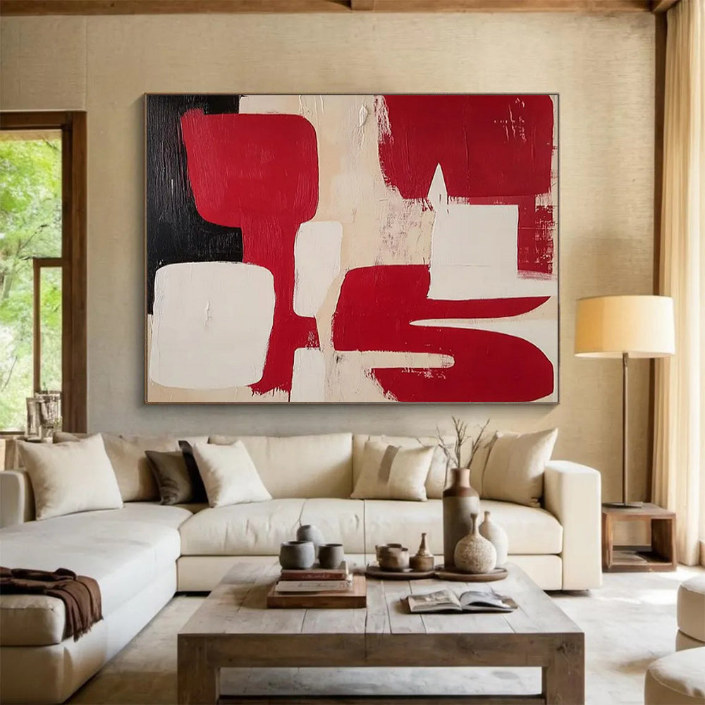 Red, Black, and White Geometric Forms - Minimalist Acrylic Art CT1802