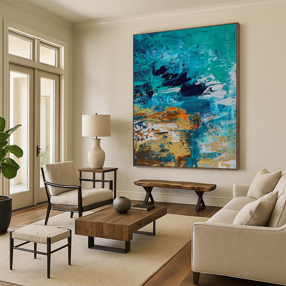 “Ocean Depths” - Abstract Painting with Teal, Blue, Black, Orange, White CT0036