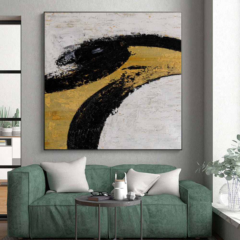 “Elegant Curves” - Abstract Painting with Black, Gold, White CT0039