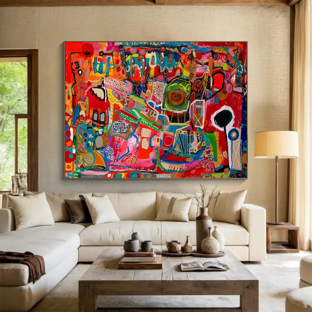 Vibrant, chaotic abstract scene in reds and blues CT1680