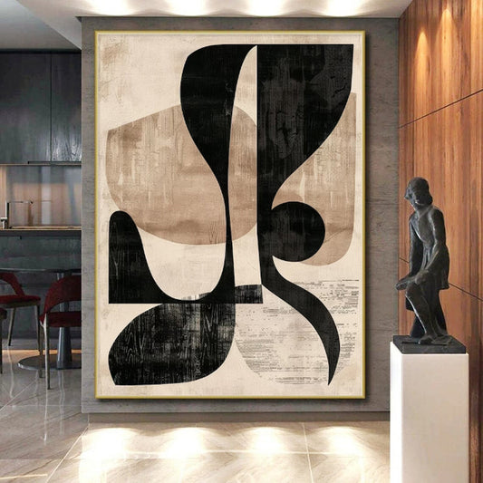 “Black & Beige Abstract Shapes: Retro Geometry” - Abstract Geometric Painting CT0385
