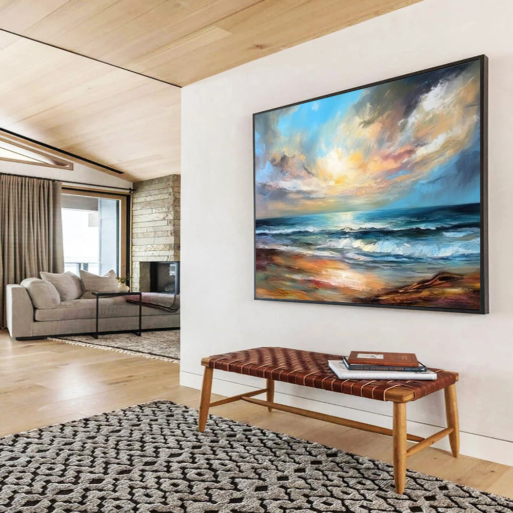 “Seaside Sunset Glow” - Blues, oranges, yellows; vibrant sunset over ocean waves CT1595