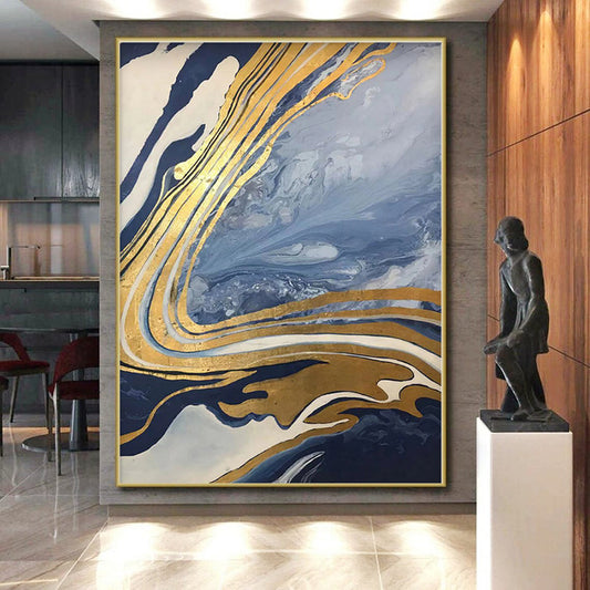 “Blue - Gold Marble Flow”,Abstract Geometric Resin Art CT0555
