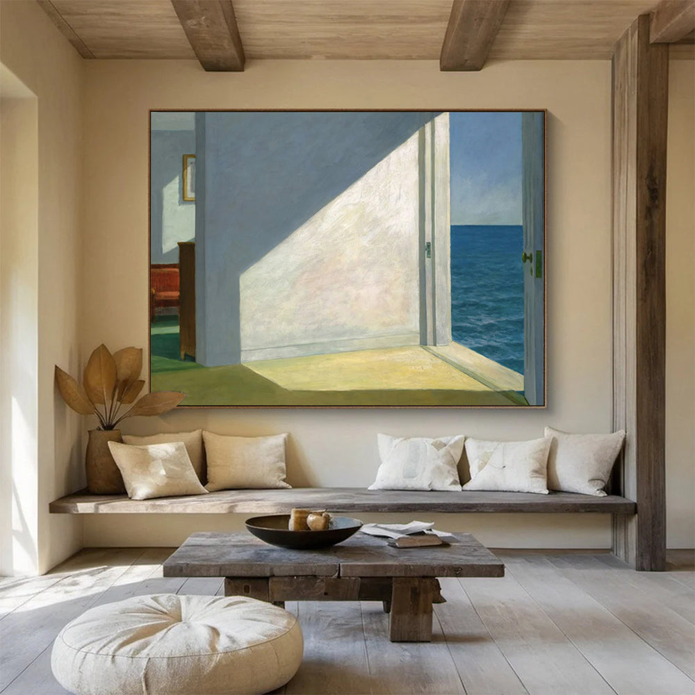 “Interior with Ocean View” - Whites, blues, greens; minimalist room with open door to the sea CT1608