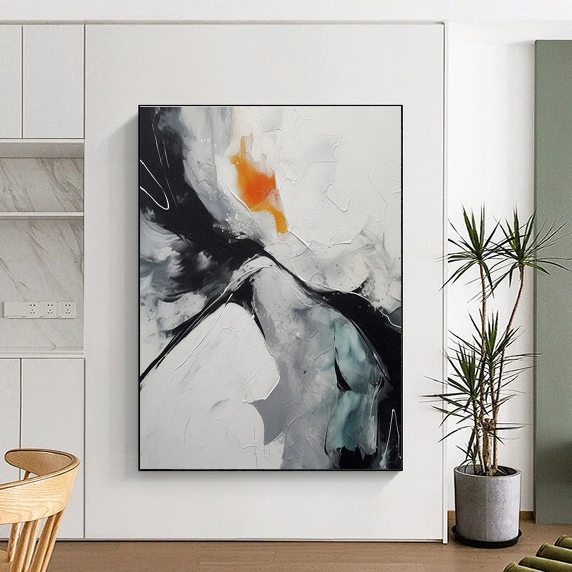 “Black - White - Orange Abstract”,Textured Abstract Acrylic Art CT0571