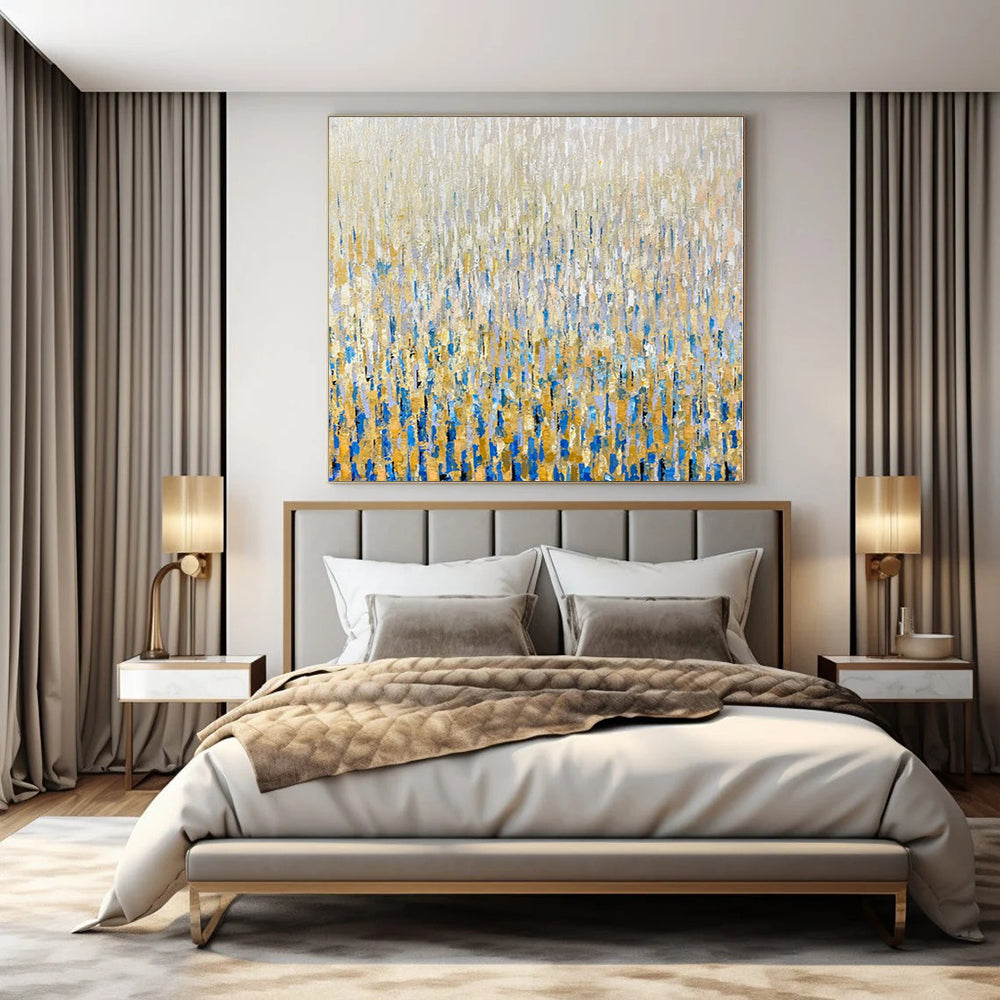 “Gold - Blue Dripping Layers” Abstract Expressionist Acrylic Art CT0195