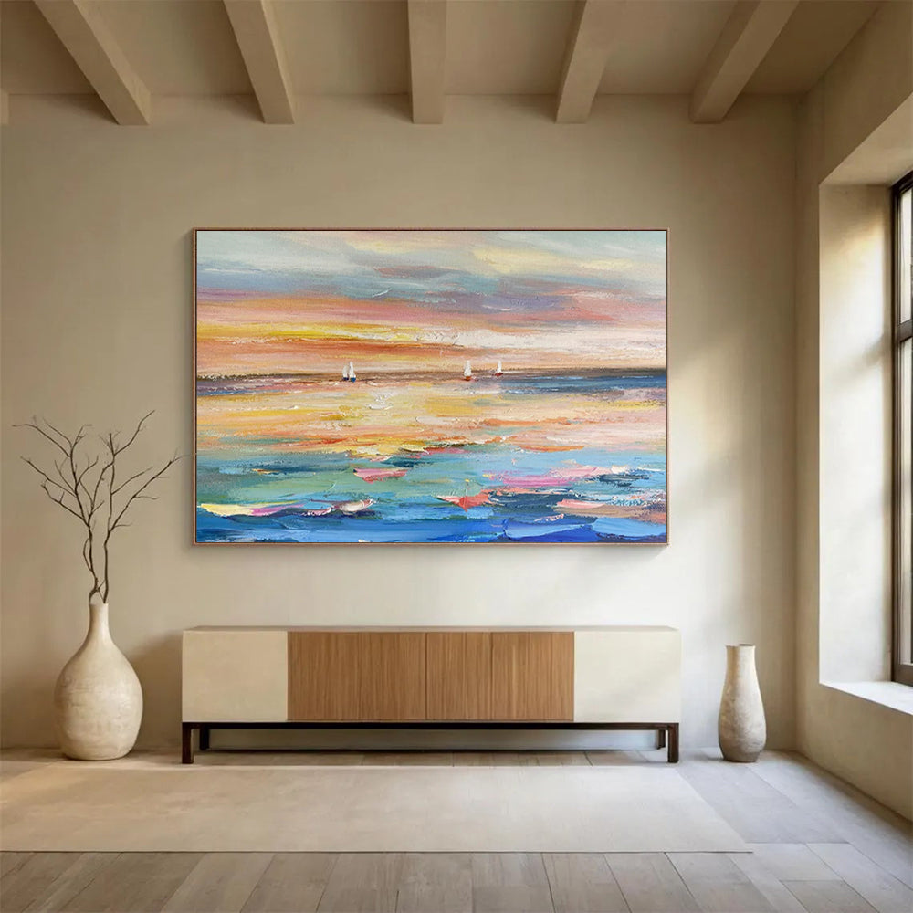 “Sailboats in Sunset Hues” – Impressionistic Seascape Oil Painting CT1745