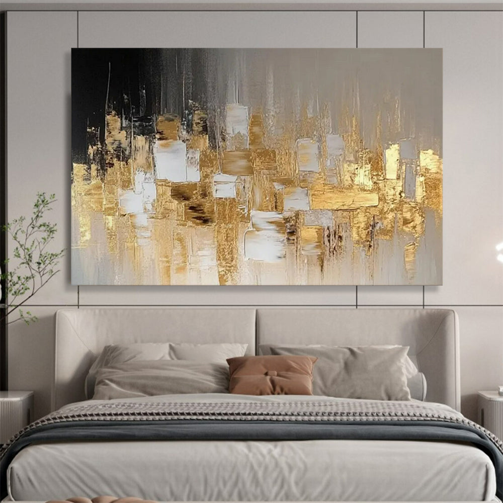 “Gilded Urban Silhouette” - Black, gray, gold; abstract squares and lines form a city - like shape CT1555