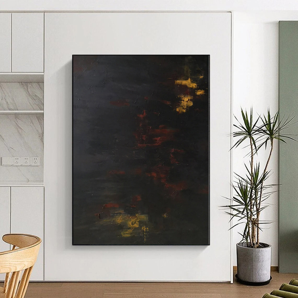 “Dark Hues with Yellow and Red Accents”,Abstract Oil Painting CT0354