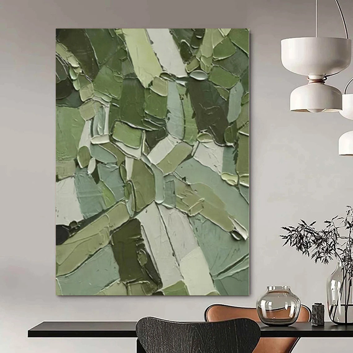 “Patchwork Green Textured Abstract” Cubist - Inspired Acrylic Art CT0201