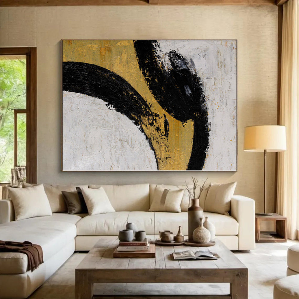 “Elegant Curves” - Abstract Painting with Black, Gold, White CT0039