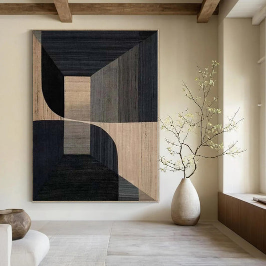 “Geometric Depth in Brown - Black” Abstract Oil Painting CT0136