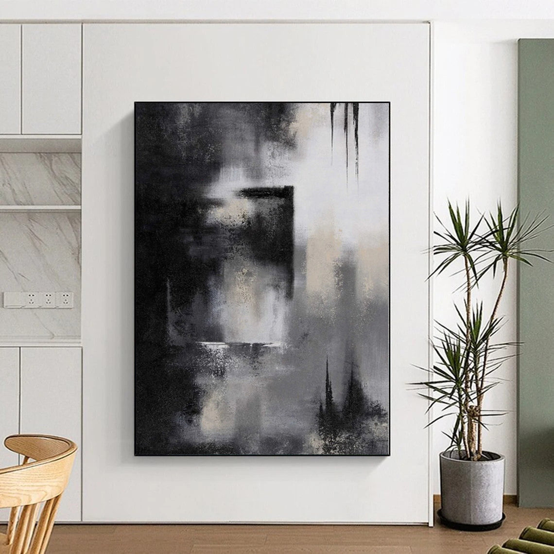“Monochrome Mystery” - Abstract Painting with Black, White, Gray CT0076