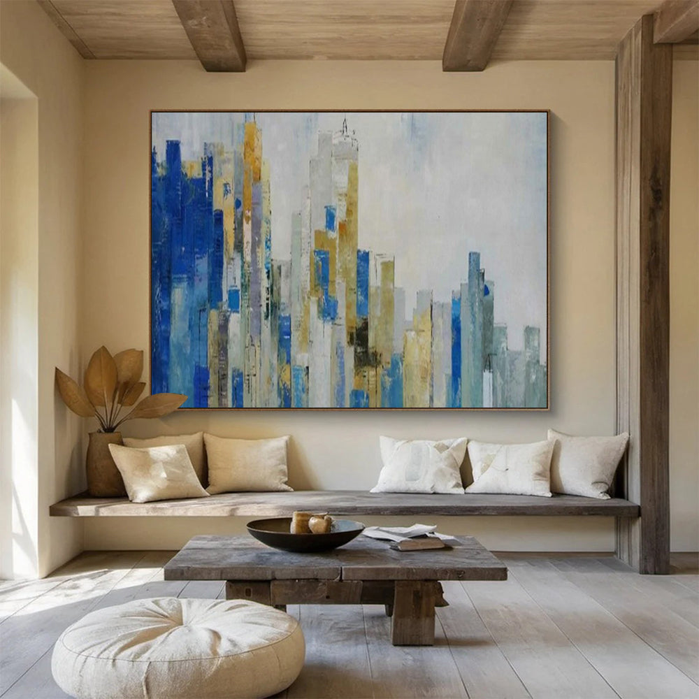 Abstract cityscape with blue, gold, and gray tones CT1659
