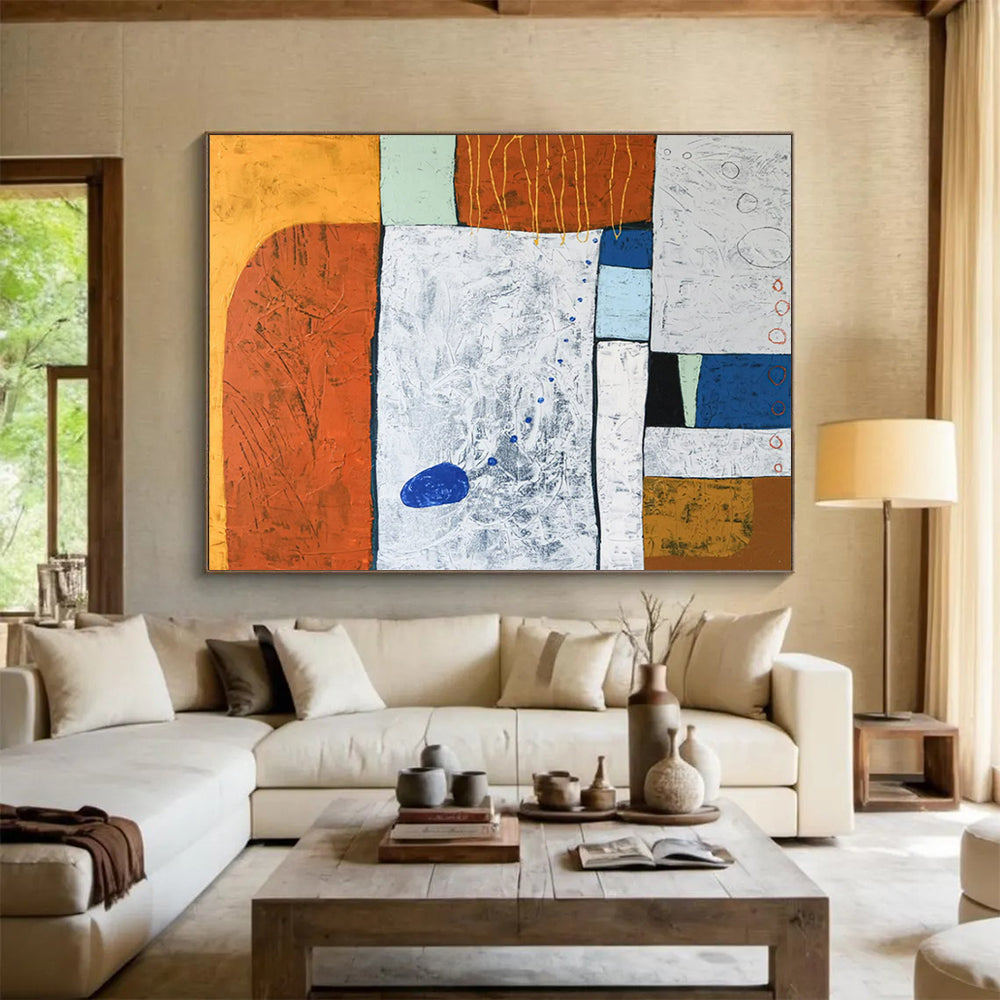 “Textured Color Blocks in Orange, White, and Blue” - Mixed - Media Abstract Art CT1807
