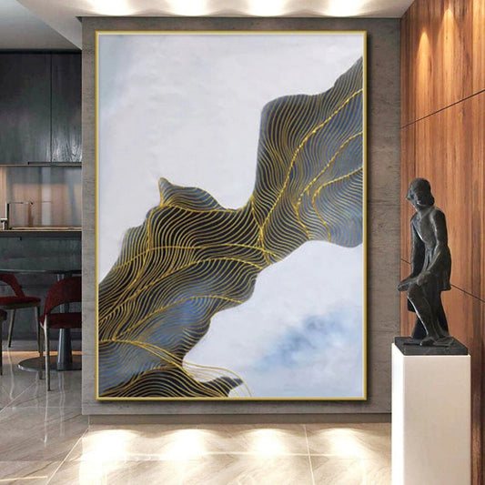 “Blue and Gold Wavy Lines”,Line - Driven Abstract Painting CT0357