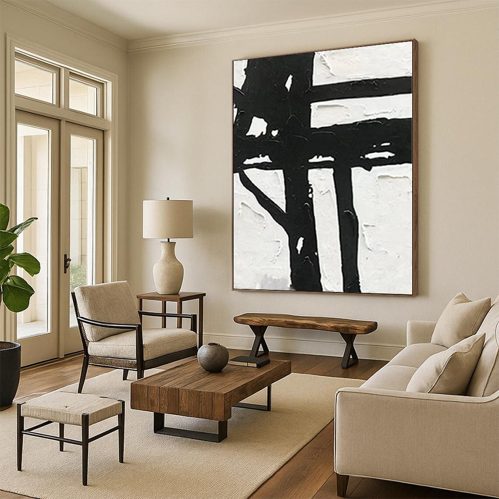 “Textured Black - White Cross” Abstract Acrylic Art CT0279