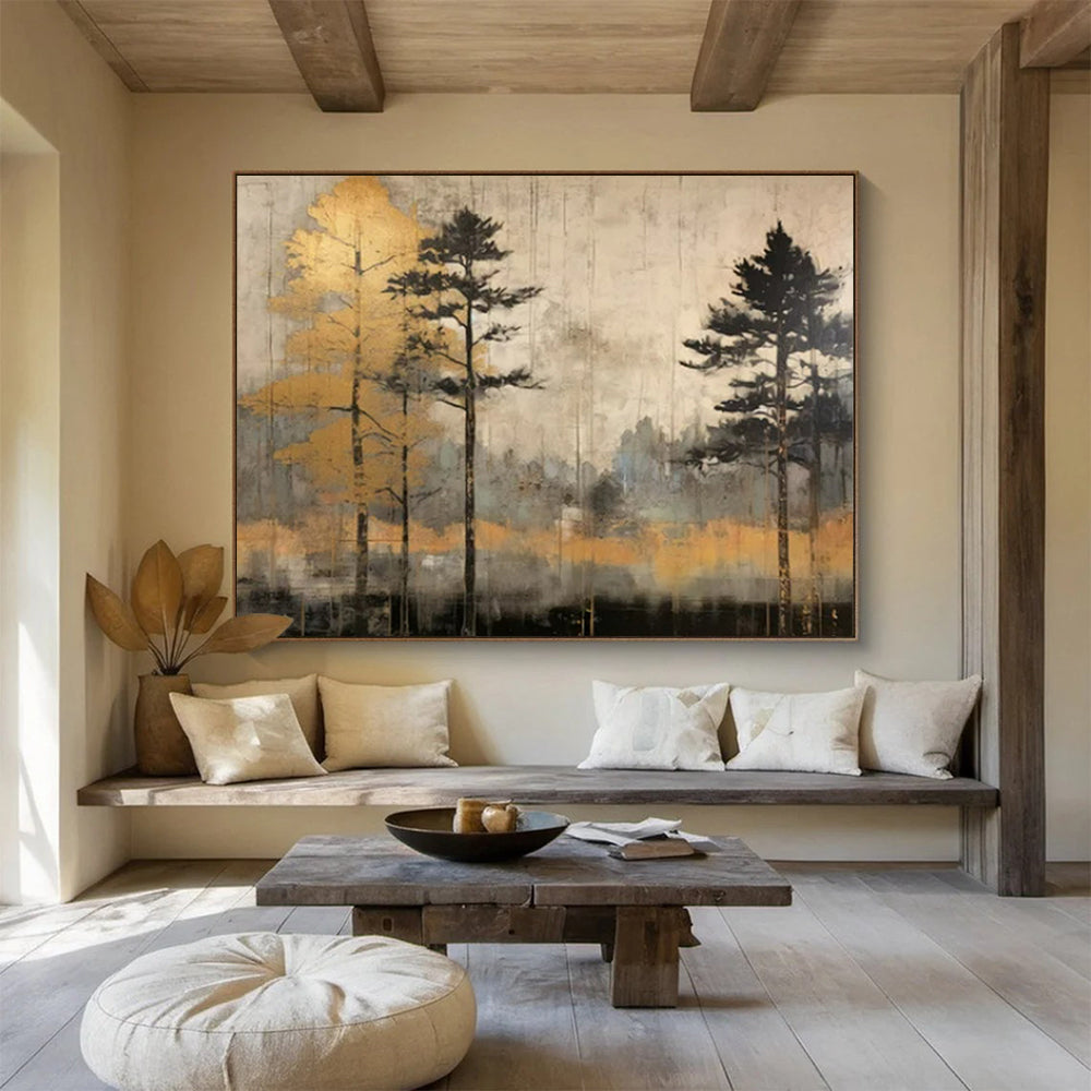 “Golden Forest Mist” - Gray, beige, gold; tall tree silhouettes in a hazy forest CT1575