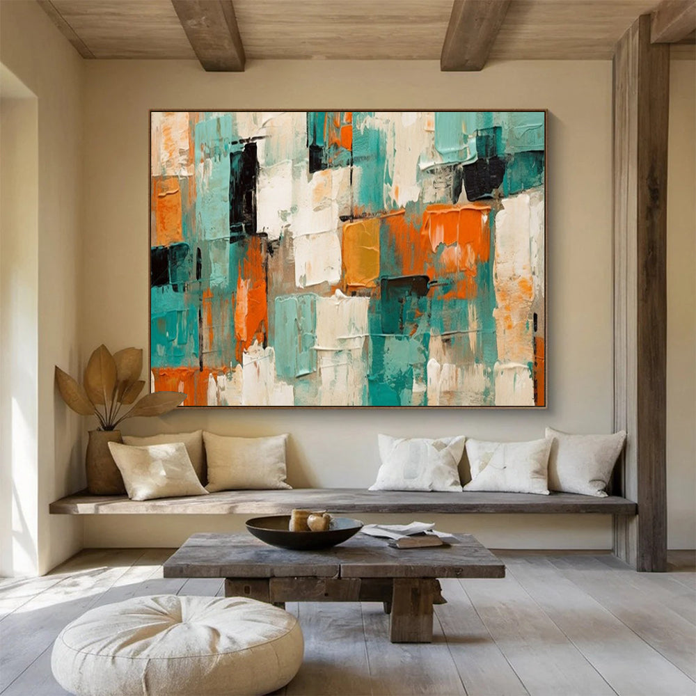 “Teal - Orange Textured Blocks” – Abstract Acrylic Painting CT1721