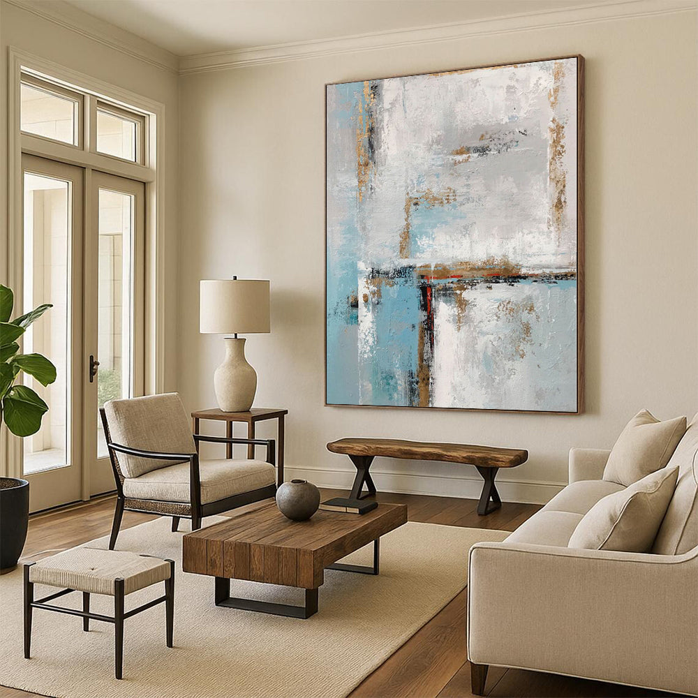 “Blue - White Abstract with Gold Edges”,Minimalist Abstract Painting CT0375