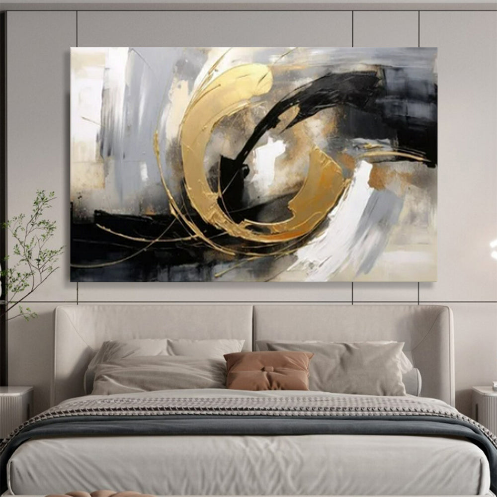 “Gold - Black Abstract Swirl” - Blacks, whites, golds; bold, textured circular abstraction CT1613