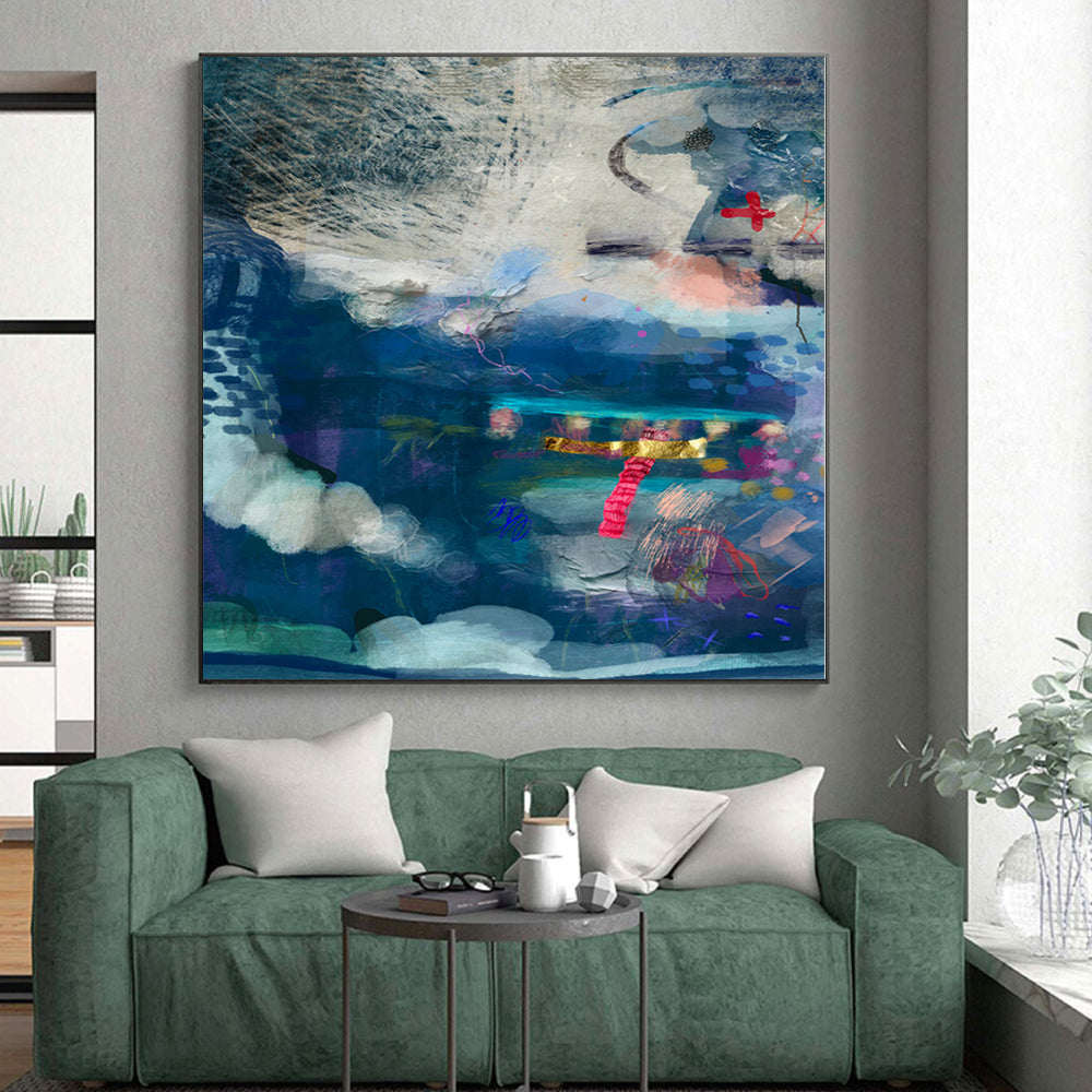 “Blue Collage Dream” - Mixed - Media Art with Blues, Purples, Gold, Pink CT0095