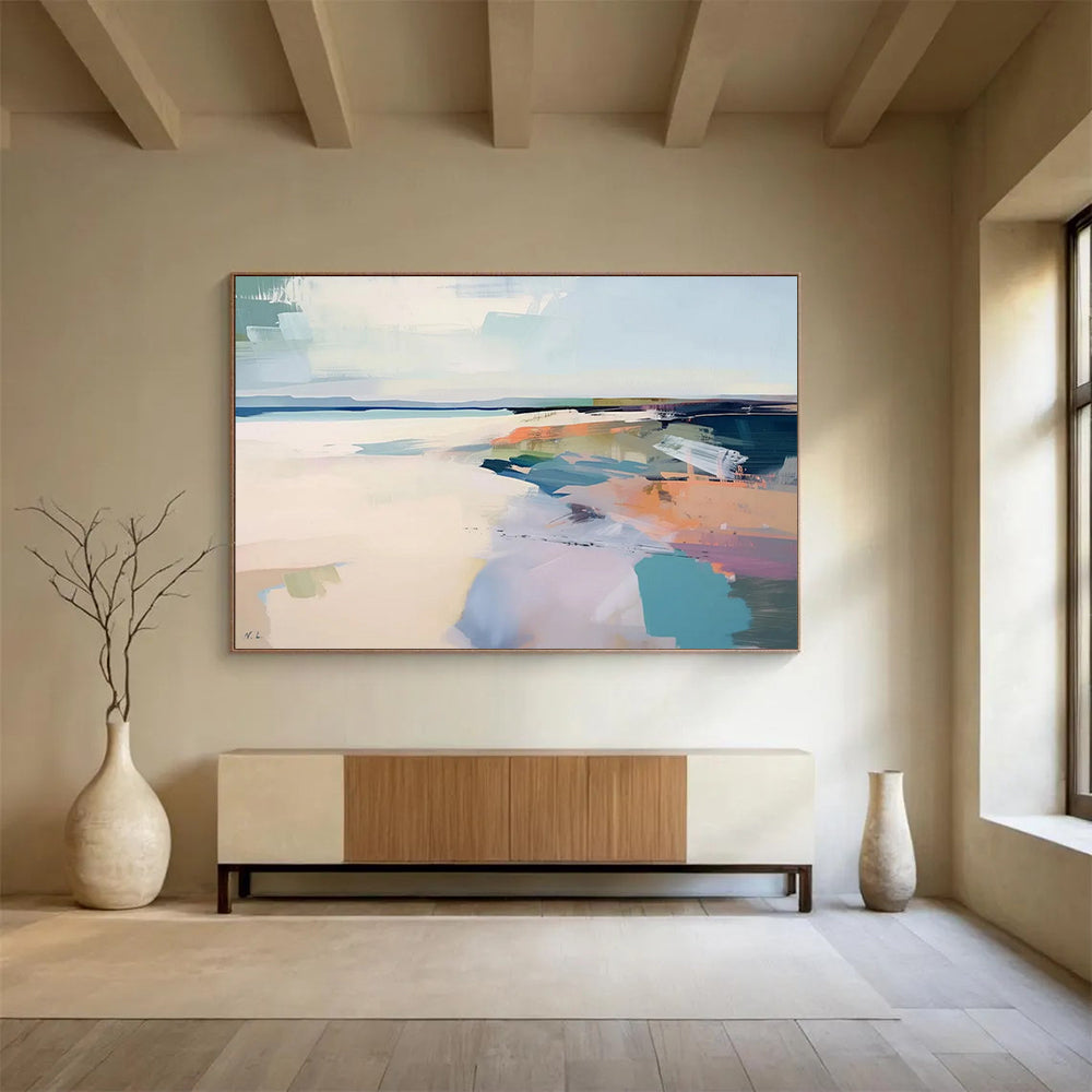 “Pastel Coastal Abstract” - Soft blues, pinks, purples, and oranges; abstract shapes suggesting a coastal scene CT1539