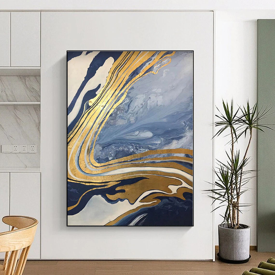 “Gold - Streaked Blue Swirls”,Marble - Inspired Abstract Resin Art CT0564