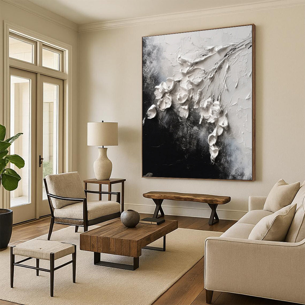 “3D White Flowers on Black”,Abstract Impasto Oil Painting CT0580