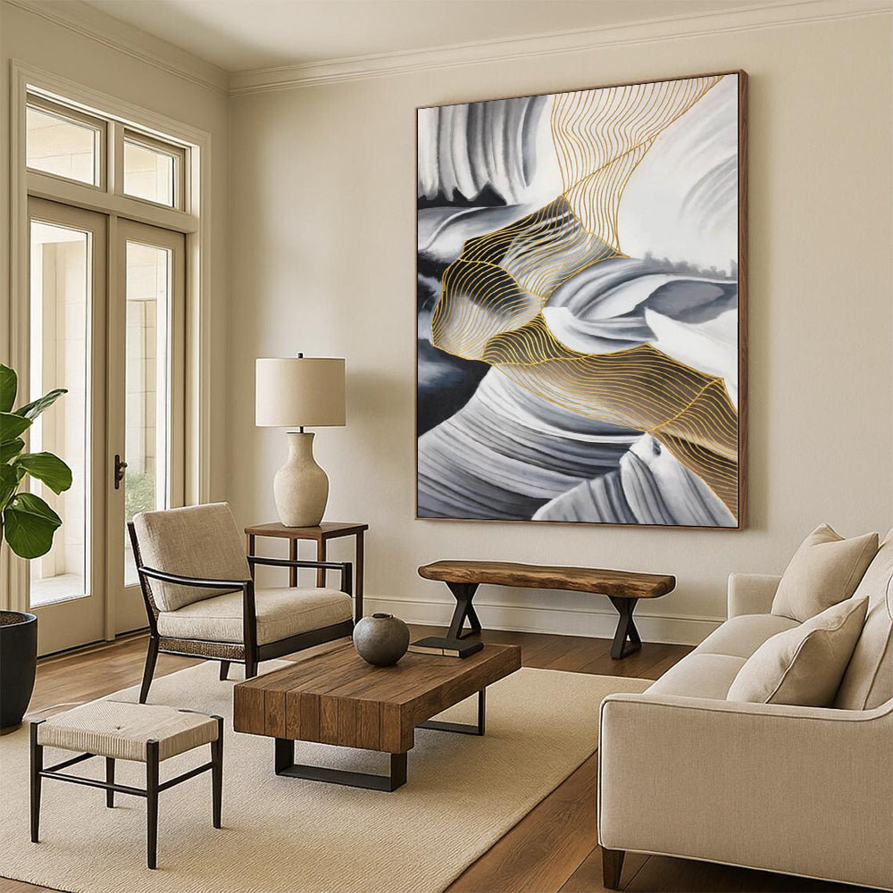 “Black - White - Gold Wavy Nets”,Mixed - Media Abstract Painting CT0351
