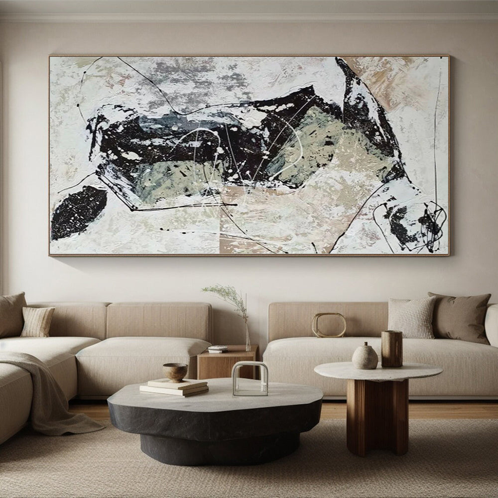 “Black, White, and Beige Abstract Web”,Line - Driven Abstract Painting CT0369