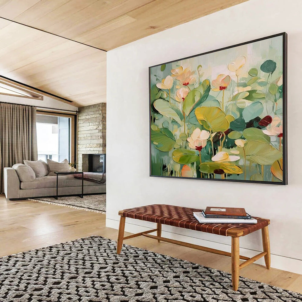 “Lotus Symphony” - Fresh greens, soft pinks, whites; vibrant, layered lotus flowers CT1494