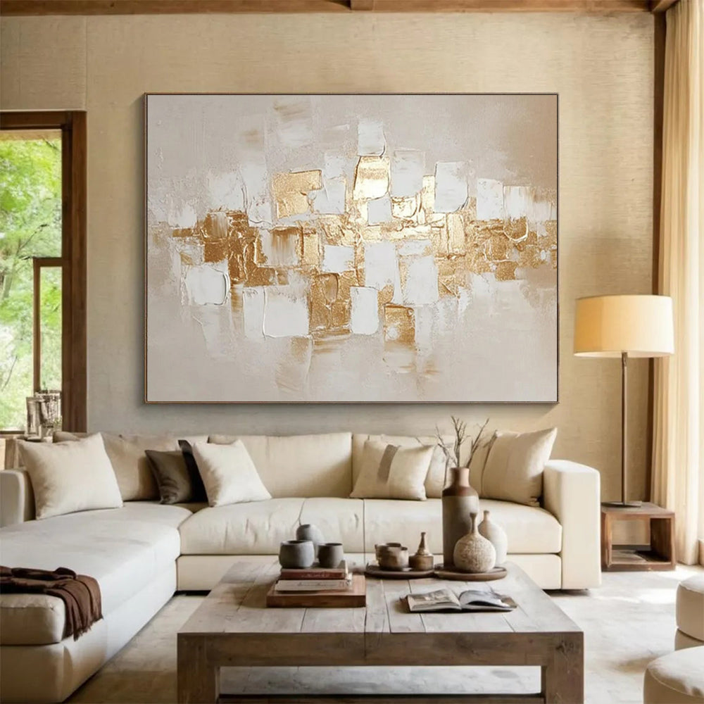 “Gold and White Abstraction” - Shades of gold, white, beige; textured, abstract squares and rectangles CT1552