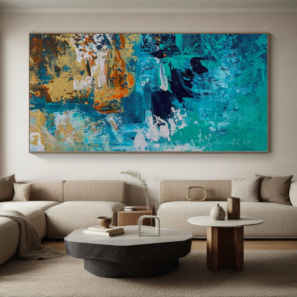 “Ocean Depths” - Abstract Painting with Teal, Blue, Black, Orange, White CT0036