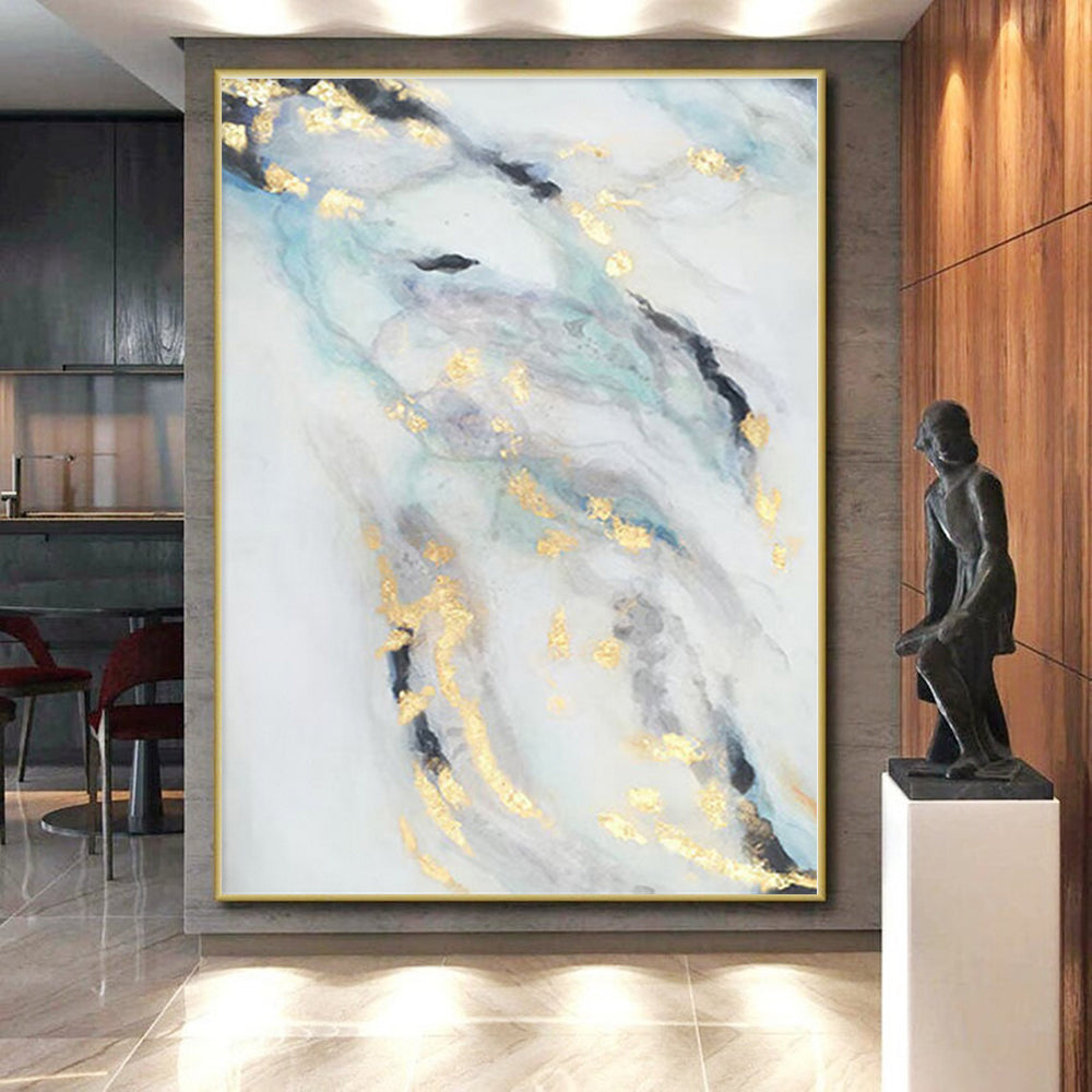 “Gold - Blue - Gray Flowing Abstraction” - Abstract Expressionist Art CT0428