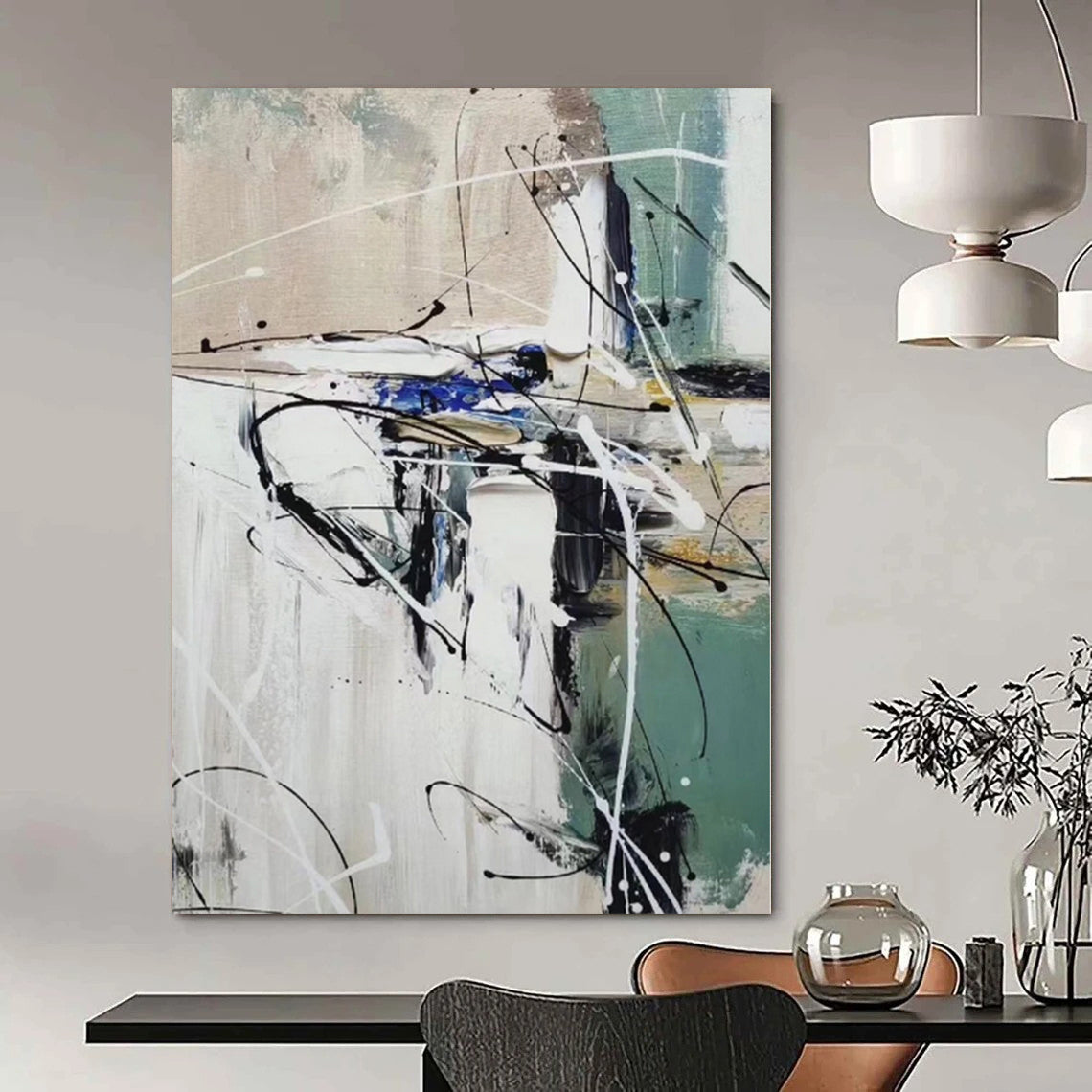 “Black - White - Green Abstract Chaos” Expressionistic Acrylic Art CT0202