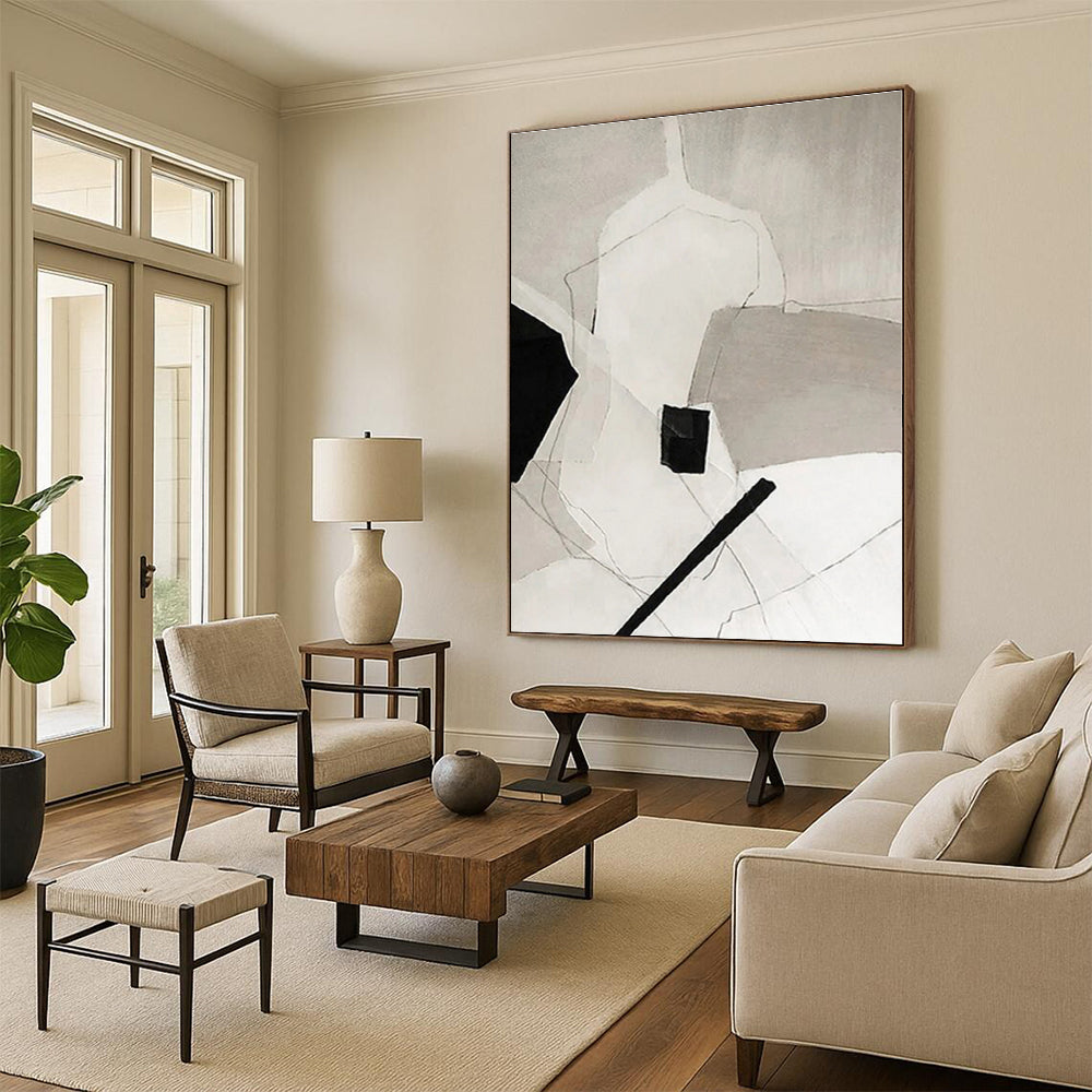 “Monochrome Geometric Abstraction”,Abstract Minimalist Oil Painting CT0559