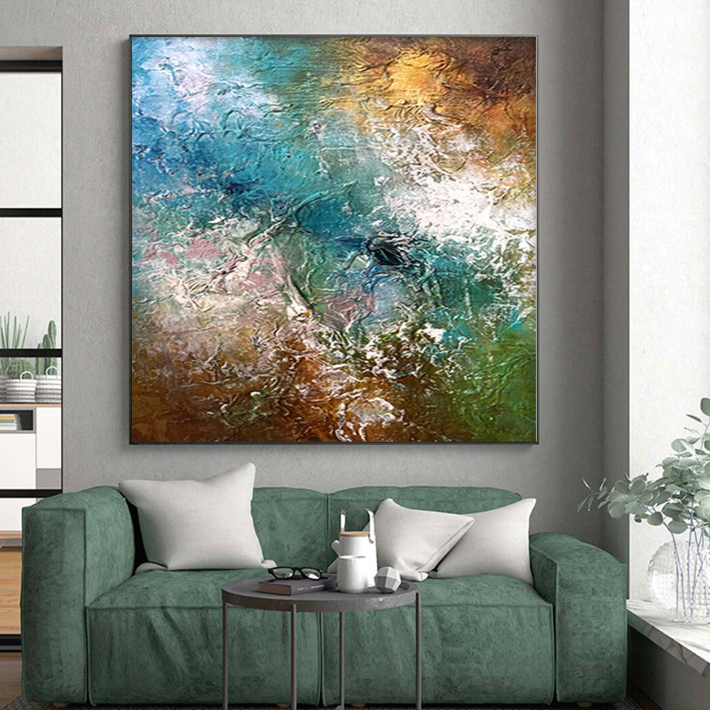“Textured Waves” - Abstract Painting with Blue, Green, Brown and White Textures CT0007