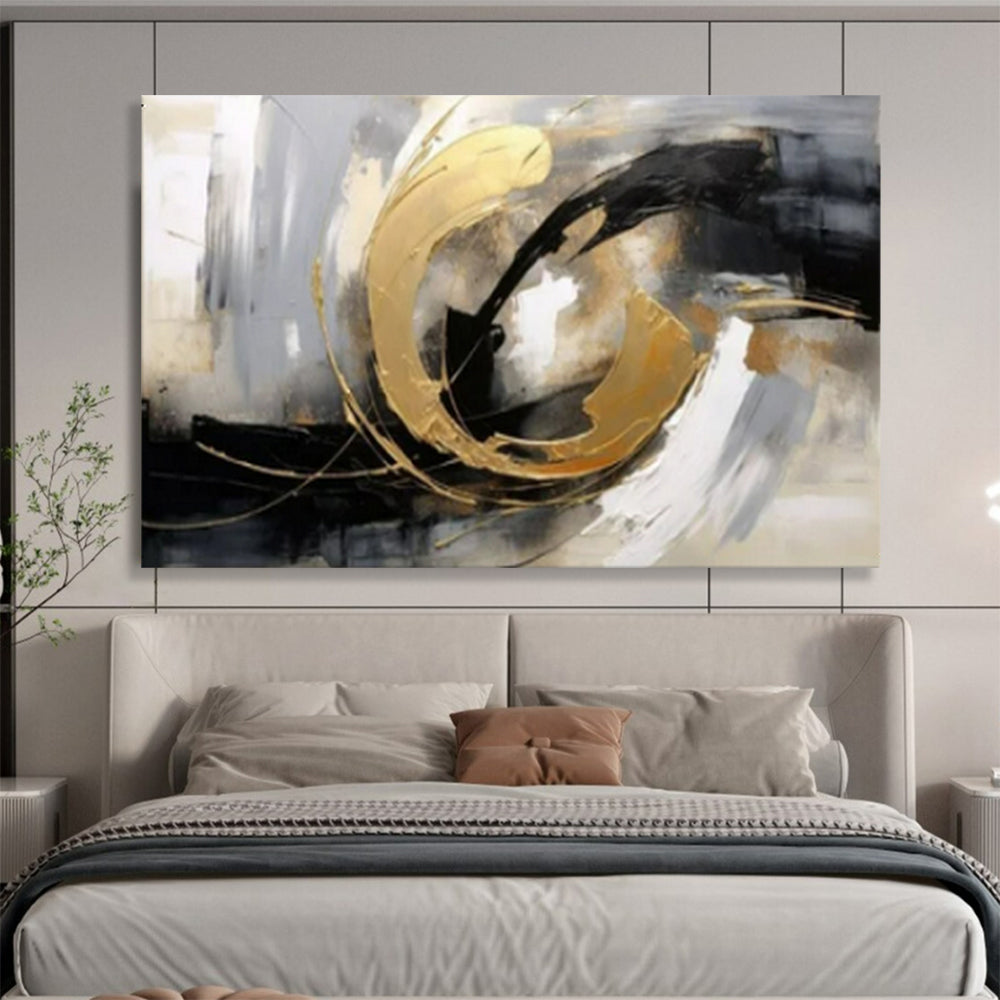 “Gold - Black Swirl Dynamics” - Blacks, whites, golds; bold, swirling abstraction with metallic accents CT1627