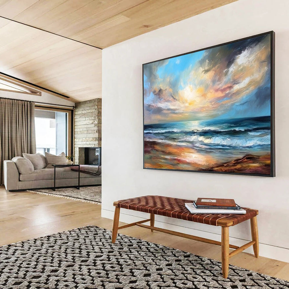 “Seascape Dream” - Blues, oranges, whites; vibrant, swirling sunset over ocean CT1511